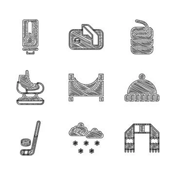 Set Skate park, Cloud with snow, Winter scarf, hat, Ice hockey stick and puck Ilustração Stock