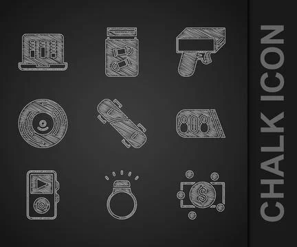 Set Skateboard, Diamond ring, Stacks paper money cash, Drum machine music, Music Stock Illustration
