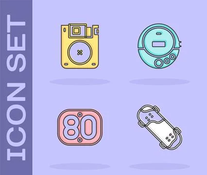 Set Skateboard trick, Floppy disk, 80s Retro and Music CD player icon. Vector Stock Illustration