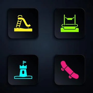 Set Skateboard trick, Kid slide, Sand tower and Bungee. Black square button Stock Illustration