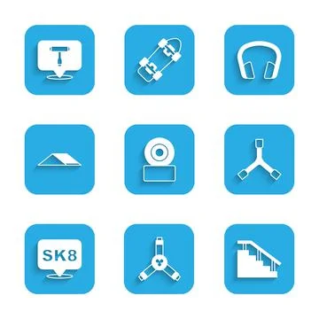 Set Skateboard wheel, Y-tool, stairs with rail, park, Headphones and T icon 스톡 일러스트