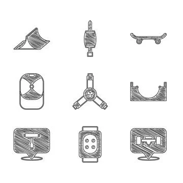 Set Skateboard Y-tool, Knee pads, wheel, park, T, Baseball cap, and icon. Vector Ilustración de archivo
