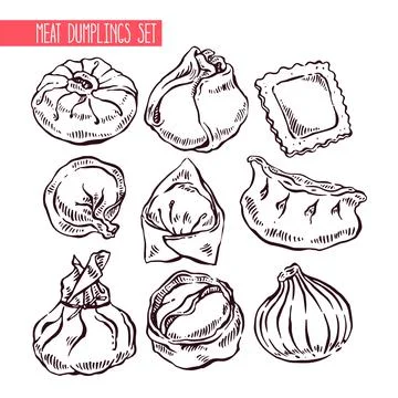 Set of sketch different dumplings Ilustración de archivo