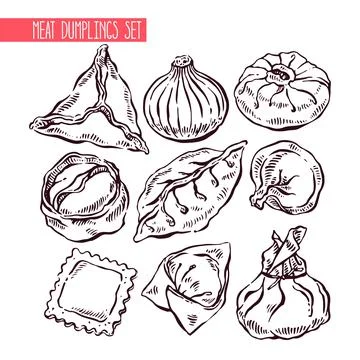 Set of sketch different dumplings Stock Illustration