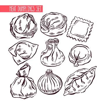 Set of sketch different dumplings Stock Illustration
