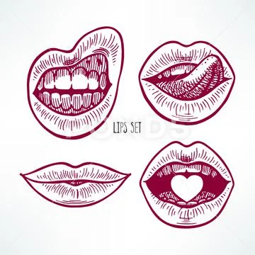 Set of sketch different lips 스톡 일러스트