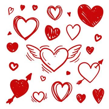 Set of sketch doodle pen draw symbol of a heart. design for greeting cards an Stock Illustration