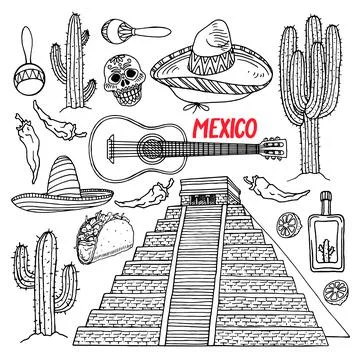 Set of sketch Mexican items Illustrazione stock