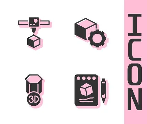 Set Sketch on paper, 3D printer cube, and Isometric icon. Vector Stock Illustration