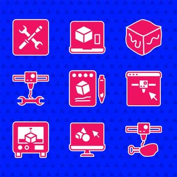 Set Sketch on paper, 3D printer software, chicken leg, setting, wrench spanner Ilustração Stock