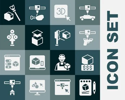 Set Sketch on paper, 3D printer services, gun, Layers, scanner, Isometric cube Stock Illustration