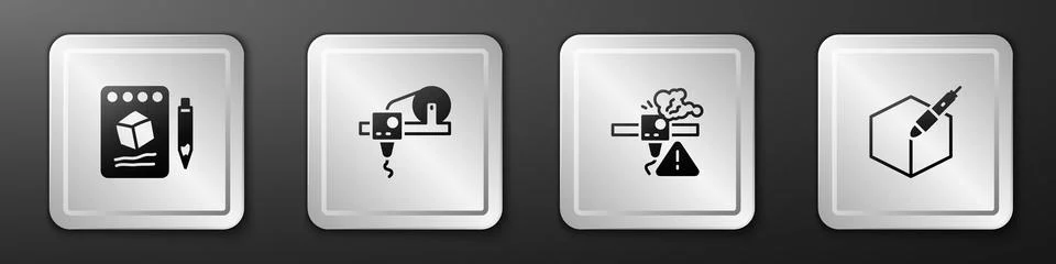 Set Sketch on paper, 3D printer, warning and 3d pen tool icon. Silver squar.. Stock Illustration