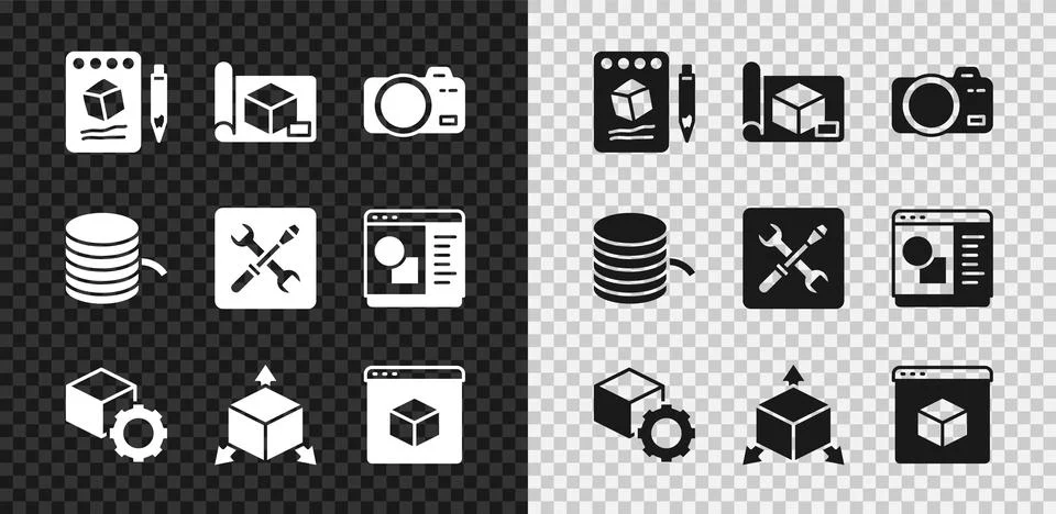Set Sketch on paper, Graphing for engineering, Photo camera, Isometric cube, 3D Stock Illustration