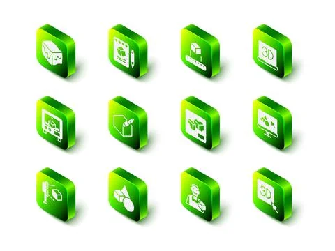 Set Sketch on paper, Isometric cube, 3D printer, software, Graphic designer and Illustrazione stock