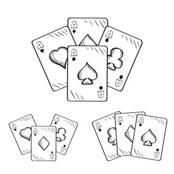 Set of sketch playing cards, aces in different combinations Stock Illustration