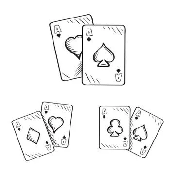 Set of sketch playing cards, aces in different combinations Stock Illustration
