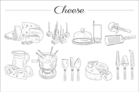Set of sketch style cheese, kitchen accessories, delicious snacks. Gastronomy Illustrazione stock