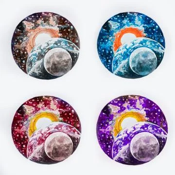 A set of sketches of colorful sunrises in orbit on a white background. Stock Illustration