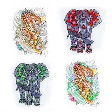 Set of sketches elephant with patterns and Japanese tiger on white background. Stock Illustration