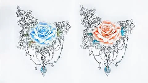 Set of sketches of multi-colored roses in patterns on a white background. Stock Illustration
