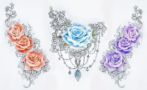 Set of sketches of multicolored roses in patterns on a white background. Stock Illustration
