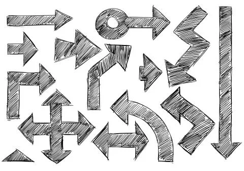 Set of Sketchy Hatched Arrows Doodles Stock Illustration