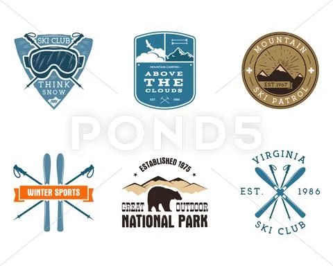 Set of Ski Club, National Park Labels. Vintage Mountain winter camping explorer Stock Illustration