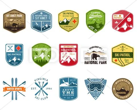 Set of Ski Club, Patrol Labels. Vintage Mountain winter camp explorer badges Stock Illustration