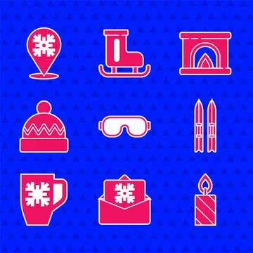 Set Ski goggles, Christmas postcard, Burning candle, sticks, Coffee cup with Stock Illustration
