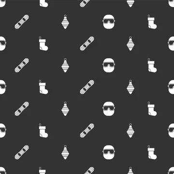 Set Ski goggles, Christmas stocking, Snowboard and ball on seamless pattern Stock Illustration