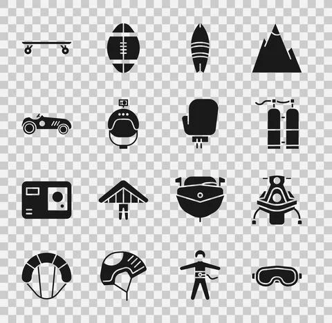 Set Ski goggles, Snowmobile, Aqualung, Surfboard, Helmet and action camera Stock Illustration