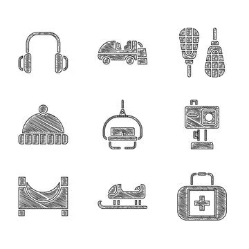 Set Ski lift, Sled, First aid kit, Action camera, Skate park, Winter hat Stock Illustration