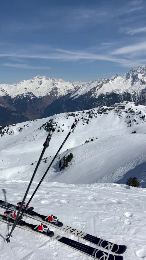 Set of ski on the slopes of Courchevel ski resort by winter Stock Footage 336928412