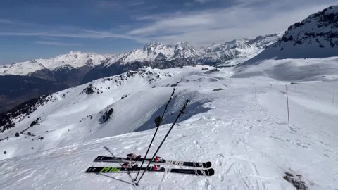 Set of ski on the slopes of Courchevel ski resort by winter Stock Footage 336928427