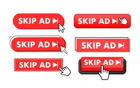 Set of Skip ad button. Hand pointer clicking. Skip ad web buttons Иллюстрация