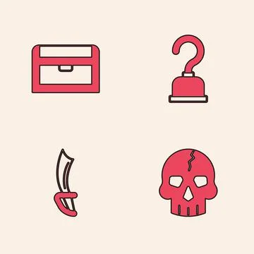 Set Skull, Antique treasure chest, Pirate hook and sword icon. Vector:  Graphic #162586337