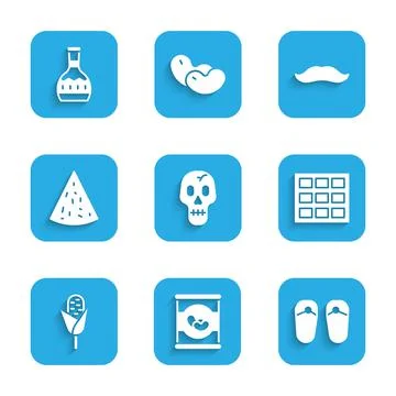 Set Skull, Beans in can, Flip flops, Chocolate bar, Corn, Nachos, Mustache and Ilustração Stock