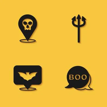 Set Skull, Boo speech bubble, Flying bat and Trident devil icon with long shadow Stock Illustration
