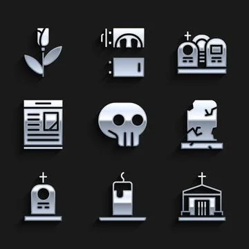 Set Skull, Burning candle, Old crypt, grave with tombstone, Grave, Obituaries Ilustración de archivo