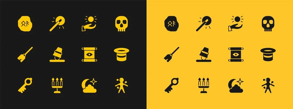Set Skull, Candlestick, Magic scroll, Moon stars, Game thimbles, Ball levit.. Ilustración de archivo