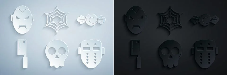 Set Skull, Candy, Meat chopper, Hockey mask, Spider web and Vampire icon. Vector Stock Illustration