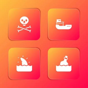 Set Skull on crossbones, Cargo ship, Shark fin in ocean wave and Bottle wit.. Stock Illustration