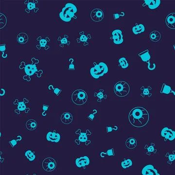 Set Skull on crossbones, Pirate hook, Pumpkin and Eye on seamless pattern Illustrazione stock