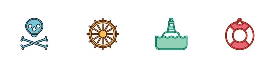 Set Skull on crossbones, Ship steering wheel, Floating buoy and Lifebuoy icon Stock Illustration