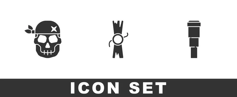 Set Skull, Decree, parchment, scroll and Spyglass telescope lens icon. Vector Illustrazione stock