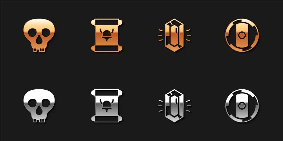 Set Skull, Decree, parchment, scroll, Gem stone and Shield viking icon. Vector Stock Illustration
