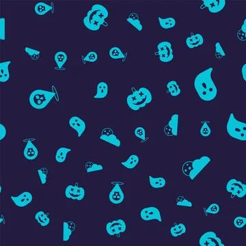 Set Skull, Ghost, Pumpkin and Moon and stars on seamless pattern. Vector Stock Illustration