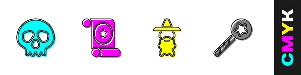 Set Skull, Magic scroll, Wizard warlock and wand icon. Vector Illustrazione stock