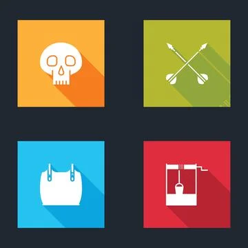 Set Skull, Medieval crossed arrows, Body armor and Well with bucket icon. Vector Stock Illustration