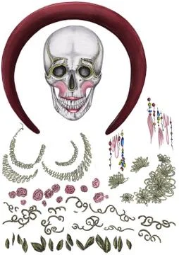 A set of a skull, red frame and embrodered details Stock Illustration